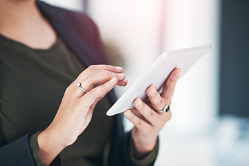 Image showing Business woman, hands and browsing with tablet for research, social media or news at office. Closeup of female person or employee on technology for online search, scrolling or review at workplace