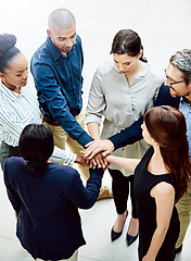 Image showing Business people, hands and stack for teamwork support or partnership as b2b project, target or goals. Men, woman and circle or tech startup or community collaboration or diverse, huddle or solidarity