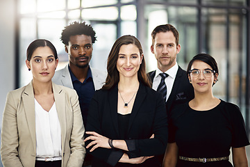 Image showing Business people, portrait and group with teamwork, diversity and cooperation with corporate professional. Legal aid, attorney and lawyer in modern office, confidence and collaboration with support