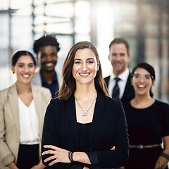 Image showing Business people, portrait and office with teamwork, diversity and support with corporate professional. Legal aid, attorney and lawyer with confidence, leader or collaboration with management or smile