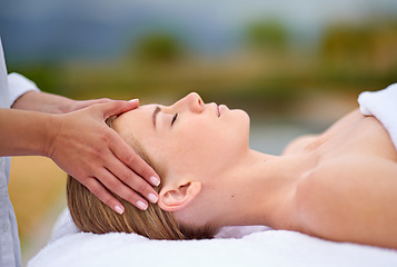 Image showing Woman, face and hands with massage in spa for luxury skincare, wellness and relax. Facial care, masseuse and dermatology outdoor with peace, detox treatment and cosmetic therapy for salon aesthetic