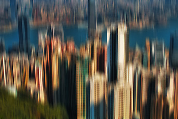 Image showing Blur, water and buildings in city for outdoor with travel for art, creative or illusion. Architecture, ocean and construction apartment, office or skyscraper development in urban town in New York.