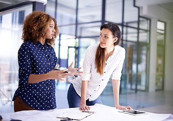 Image showing Blueprint, planning and architecture meeting with women for engineering, project design and floor plan in office. Talk, idea and workers for construction industry with building sketch and teamwork