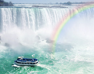 Image showing Rainbow and tourist boat at Niagara Falls