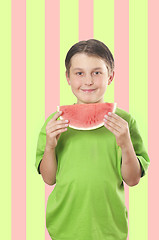 Image showing Child with Slice of Watermelon Fruit