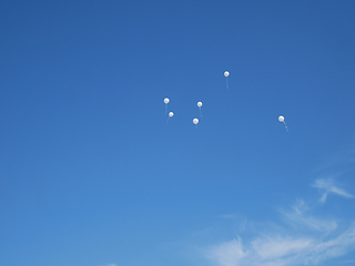 Image showing Several white balloons on a blue almost cloudless sky