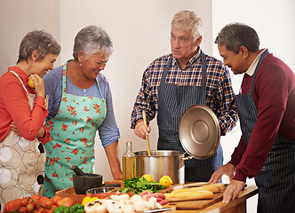 Image showing Cooking class, chef or senior friends in kitchen for fun, bonding or meal prep for reunion, birthday or weekend dish in house. Diet, nutrition or old people learning traditional food, pasta or recipe