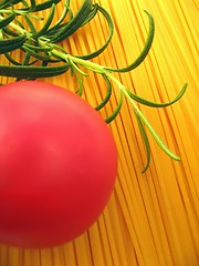 Image showing spaghetti, tomato and rosemary - detail