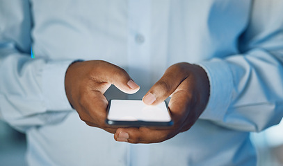 Image showing Man, hands and typing with phone for social media, online browsing or news at office. Closeup of African, male person or employee on mobile smartphone for chatting, texting or scrolling on app