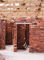 Image showing Property, brick wall and new real estate project for construction, development and dream home frame. House, building and architecture with structure, worksite and suburban improvement and design