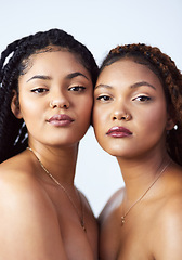 Image showing Serious, friends and portrait with makeup in studio for dermatology treatment, cosmetics and pride. Women, relax and face with confidence for skin glow, solidarity or satisfaction on white background