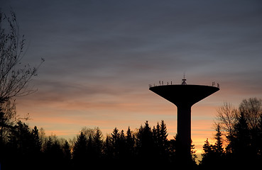 Image showing A watertower at night