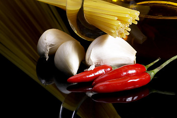 Image showing pasta garlic extra virgin olive oil and red chili pepper