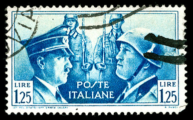 Image showing vintage ww2 stamp depicting the dictators Hitler and Mussolini