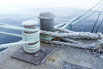 Image showing Bitts and mooring lines