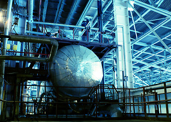 Image showing Pipes, tubes, machinery and steam turbine at a power plant