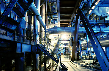 Image showing Pipes, tubes, machinery and steam turbine at a power plant