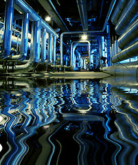 Image showing Pipes, tubes, machinery and steam turbine at a power plant