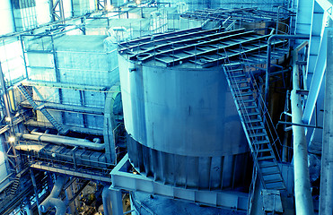 Image showing Pipes, tubes, machinery and steam turbine at a power plant