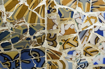 Image showing Detail of the ceramics from the Guadi bench in park Guell Barcelona, Spain