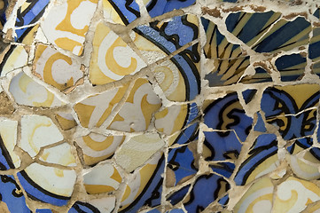 Image showing Detail of the ceramics from the Guadi bench in park Guell Barcelona, Spain