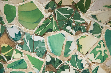 Image showing Detail of the ceramics from the Guadi bench in park Guell Barcelona, Spain