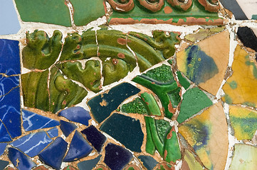 Image showing Detail of the ceramics from the Guadi bench in park Guell Barcelona, Spain