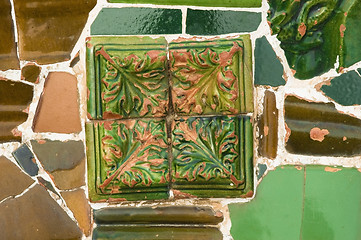 Image showing Detail of the ceramics from the Guadi bench in park Guell Barcelona, Spain