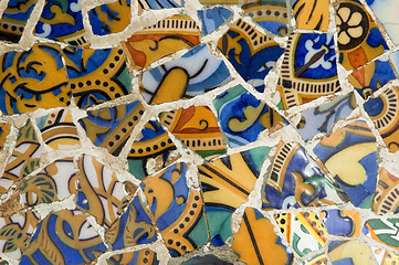 Image showing Detail of the ceramics from the Guadi bench in park Guell Barcelona, Spain