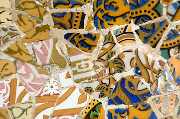 Image showing Detail of the ceramics from the Guadi bench in park Guell Barcelona, Spain