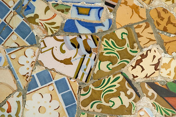 Image showing Detail of the ceramics from the Guadi bench in park Guell Barcelona, Spain