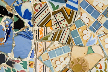 Image showing Detail of the ceramics from the Guadi bench in park Guell Barcelona, Spain