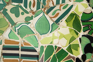 Image showing Detail of the ceramics from the Guadi bench in park Guell Barcelona, Spain