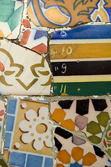 Image showing Detail of the ceramics from the Guadi bench in park Guell Barcelona, Spain