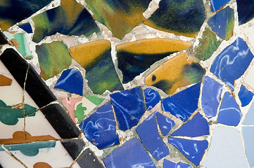 Image showing Detail of the ceramics from the Guadi bench in park Guell Barcelona, Spain