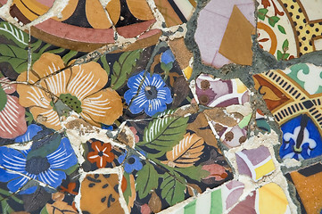 Image showing Detail of the ceramics from the Guadi bench in park Guell Barcelona, Spain