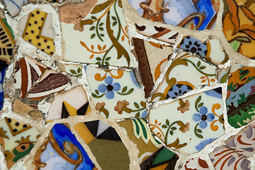 Image showing Detail of the ceramics from the Guadi bench in park Guell Barcelona, Spain