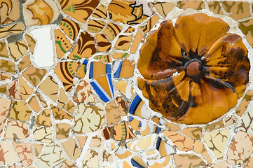 Image showing Detail of the ceramics from the Guadi bench in park Guell Barcelona, Spain