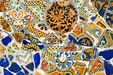 Image showing Detail of the ceramics from the Guadi bench in park Guell Barcelona, Spain