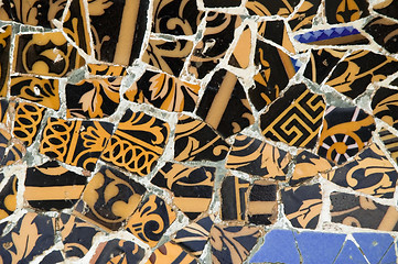 Image showing Detail of the ceramics from the Guadi bench in park Guell Barcelona, Spain