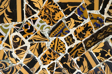 Image showing Detail of the ceramics from the Guadi bench in park Guell Barcelona, Spain