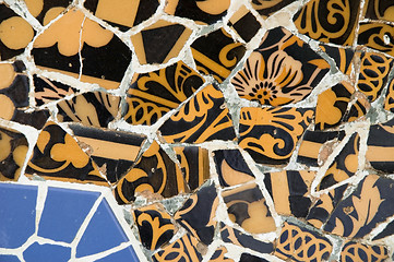 Image showing Detail of the ceramics from the Guadi bench in park Guell Barcelona, Spain