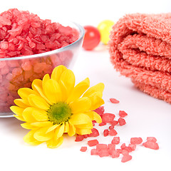 Image showing bath salt, towel and flower