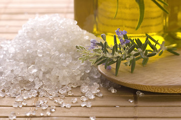 Image showing herbs and spices. rosemary, lavender, salt and olive