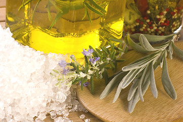 Image showing herbs and spices. rosemary, lavender, salt and olive