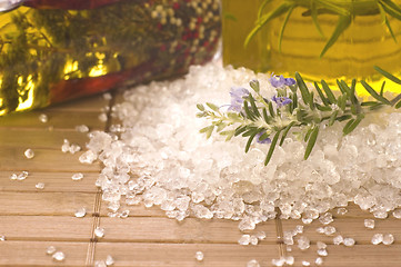 Image showing herbs and spices. rosemary, lavender, salt and olive