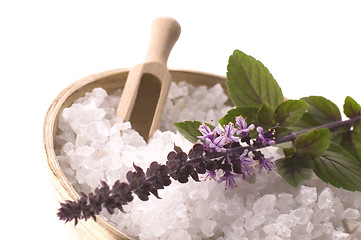 Image showing aroma bath. sea salt and basil with flowers