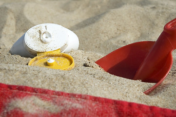 Image showing childhood. beach items and sun block