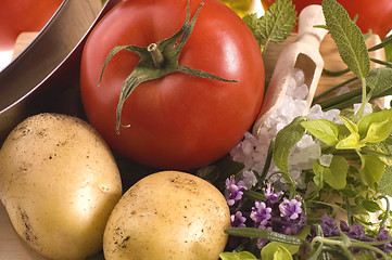 Image showing cut fresh herbs and vegatables