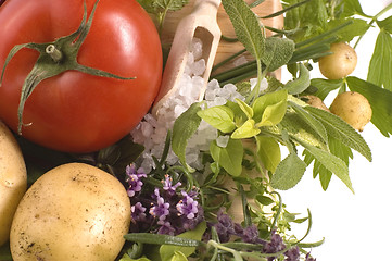 Image showing cut fresh herbs and vegatables